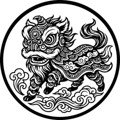 Obraz premium Traditional Chinese Lion Dance Mascot Round Emblem Vector Line Art