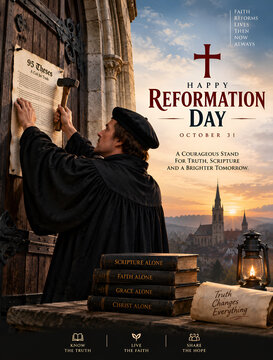 Happy reformation day october 31 historical christian church poster with scholar nailing thesis historical christian religion protestant building architecture document scripture devotion