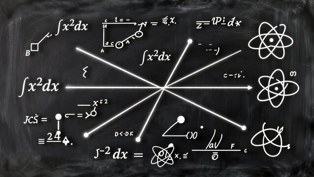 Blackboard filled with math equations and atomic structures, radiating light beams.