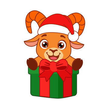 Cute red goat character in gift box isolated on transparent background