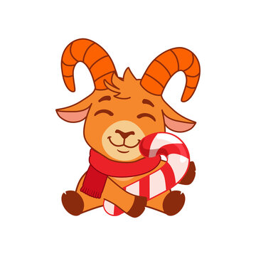Cute goat character with candy cane isolated on transparent background