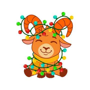 Cute red goat character wrapped in Christmas lights isolated on transparent background