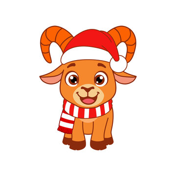 Cute red goat character wearing Santa hat and scarf isolated on transparent background