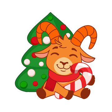 Cute red goat character with candy cane isolated on transparent background