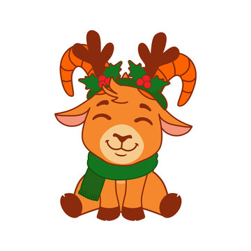 Cute red goat character with deer antlers and holly headband isolated on transparent background
