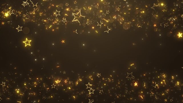 Glowing gold stars bokeh drift along the upper lower edges, center for text or logos. motion, winning announcements, festive campaigns, gala nights, Christmas, parties, achievement premium branding.