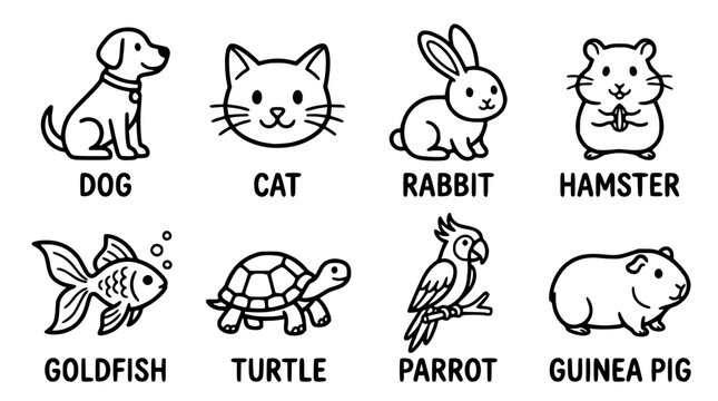 Hand drawn clean solid bold pet domestic animal icon set dog cat rabbit hamster goldfish turtle parrot guinea pig, black ink vector illustration