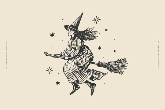 Vintage Witch Flying on Broomstick Illustration. Hand drawn vintage witch flying on a broomstick among stars, creating a classic Halloween magic and folklore illustration.