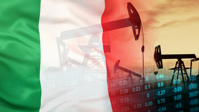 Italy's petroleum production business growth and onshore oil drilling pump jack infrastructure investment, featuring silhouettes of operating pump jacks units at sunset over financial data spreadsheet