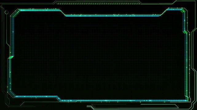 Green circuits glowing blue technical frame generous central copy space. Futuristic motion software demos, artificial intelligence, data analysis, esports medical interfaces broadcasts virtual screens