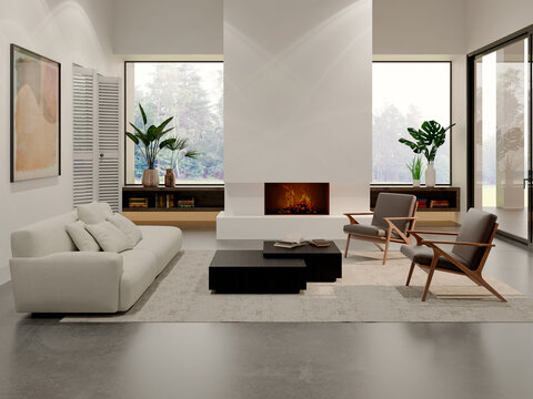 3D rendering, 3d illustration, Large Luxury modern living room interior,  brutalist architecture realistic lighting,  Graphic Overlay wide angle, contemporary furniture, clean lines, minimalist decor,