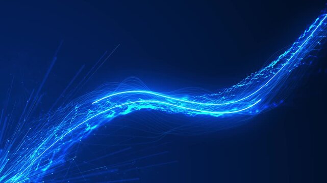 Light trails weave blue wave particles travel luminous paths. Futuristic cloud computing, high speed internet, analytics, innovation, telecommunications, science, fintech, software, corporate media.