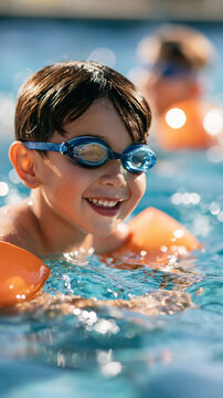 Portrait of a smiling boy in the swimming pool wearing goggles and inflatable arm sleeves, summer travel hotel vacation or swim class concept, with copy space
