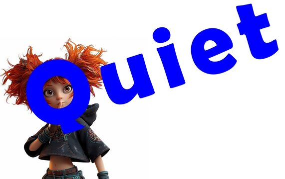 Typographic font text illustration Blue Quiet large in picture with orange messy hair young woman teen lady face finger to lips silence hush white background