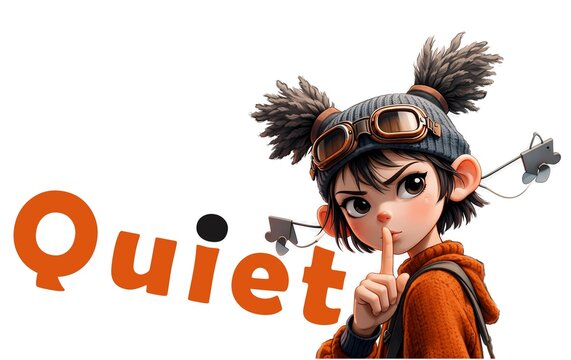 Smooth 3d render illustration of girl with spiky bun pigtails face finger to lips silence hush quiet white background