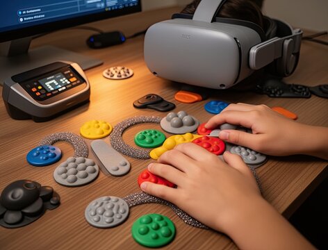 Virtual reality experience features hands interacting with colorful tactile fidget toys on wooden table. Soft lighting enhances focus on toys and technology