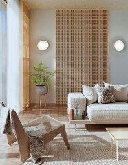 Obraz premium 3D rendering, 3d illustration, Large Luxury modern living room interior, brutalist architecture realistic lighting, Graphic Overlay wide angle, contemporary furniture, clean lines, minimalist decor,