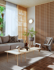 Obraz premium 3D rendering, 3d illustration, Large Luxury modern living room interior, brutalist architecture realistic lighting, Graphic Overlay wide angle, contemporary furniture, clean lines, minimalist decor,