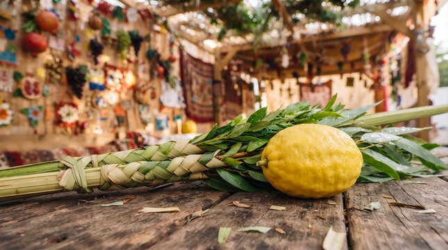 Macro shot of Sukkot Etrog and Lulav inside a decorated Sukkah booth