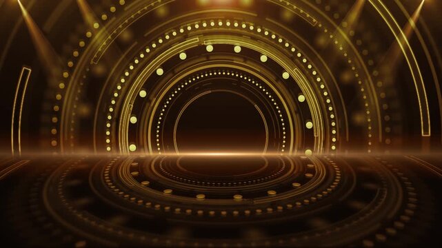 Concentric gold rings illuminated technology tunnel around podium. luxury launches, winner announcements, corporate events, virtual exhibitions, music performances, cinematic intros, celebration
