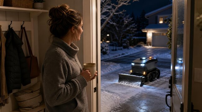 Homeowner watching autonomous snow plow from doorway at night