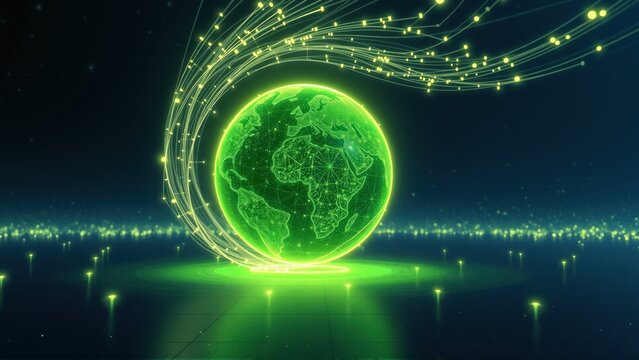 Glowing earth surrounded by digital connections. Futuristic cityscape below illuminates scene. Bright green dominates dark background.