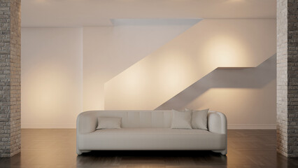 Obraz premium 3D rendering, 3d illustration, Large Luxury modern living room interior, brutalist architecture realistic lighting, Graphic Overlay wide angle, contemporary furniture, clean lines, minimalist decor,
