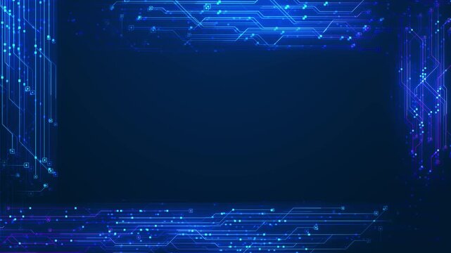 Neon electronic pathways luminous square nodes digital border central space. Versatile technology branding, computer systems, engineering, communication, fintech, gaming, science, virtual interfaces.