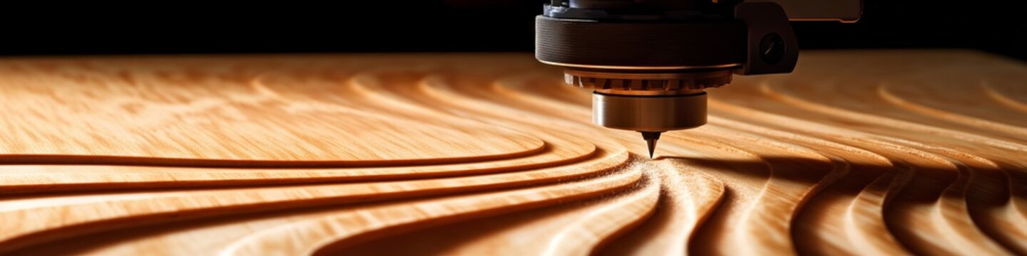 Close operation of a CNC router unit carving intricate wavy patterns into a wooden plywood panel,