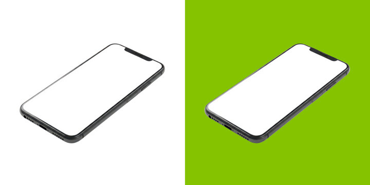 Modern sleek black smartphone with empty screen in isometric view transparent png