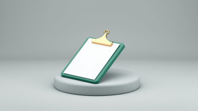 Green clipboard rests upon gray pedestal. Minimalist studio shot, clean background, simple presentation. Focus on blank page, gold clip.