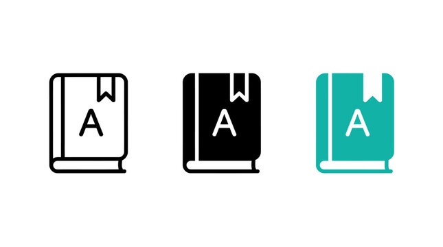 Set of dictionary book icons featuring a letter A on cover and bookmark in three styles