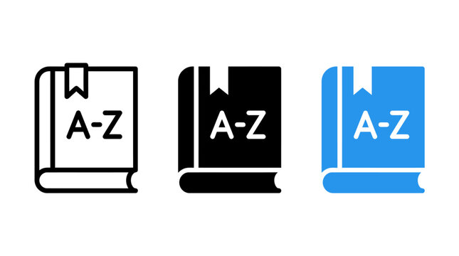 Set of dictionary book icons featuring A to Z typography in outlined solid and flat style