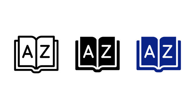 Set of dictionary book icons featuring letter typography in flat outline and solid styles