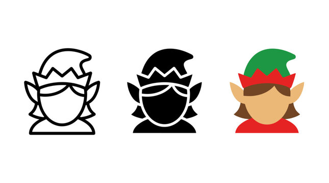Set of Christmas Elf Icon Designs Featuring Outline Silhouette and Flat Color Graphic