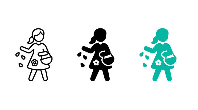 Flower girl icon design set with vector illustration of a female character planting seeds