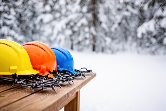 Colorful hard hats and climbing spikes rest on wooden table in snowy forest. Bright yellow, orange, and blue helmets contrast against white snow and green trees. serene winter setting