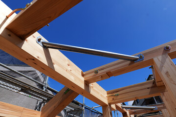 Timber Framing Structure of Residential Building at Construction Site, Low Angle View © Andriy Mishchak