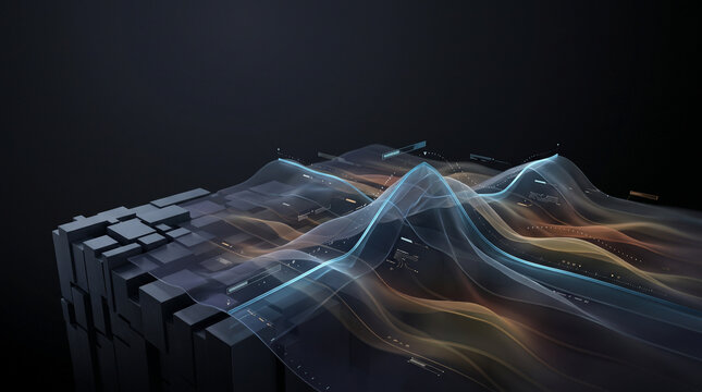 Futuristic data visualization landscape with glowing blue and orange lines