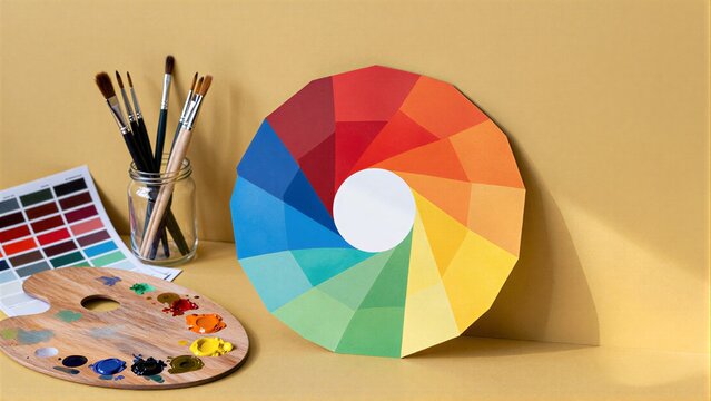 Art tools and a color wheel on yellow background, creative palette setup.