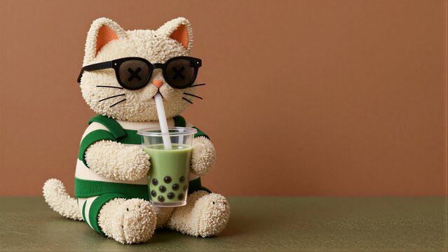 Cute cat in sunglasses sips green tea with boba, cozy and stylish.