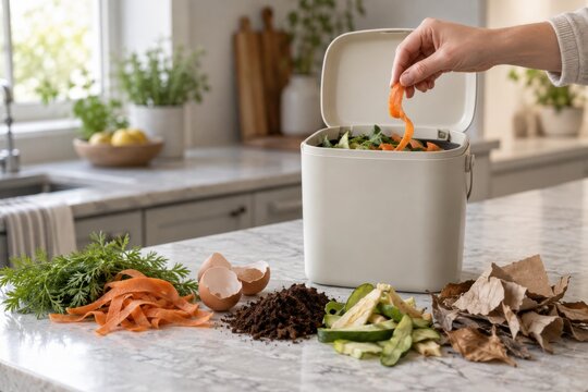 Kitchen scraps sorted beside countertop compost caddy
