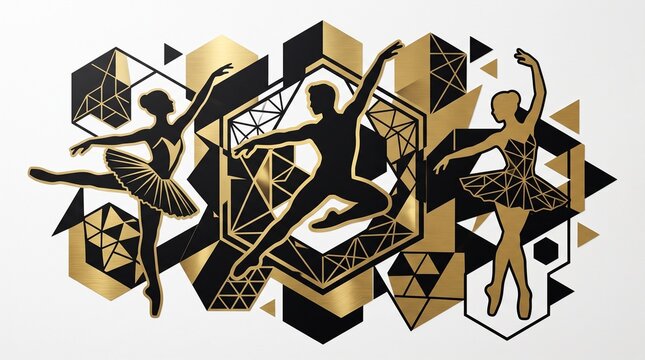 Elegant ballet dancers silhouettes with black and gold geometric shapes and patterns