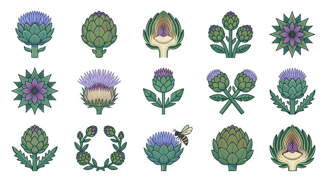 Detailed vector illustration of a blooming artichoke flower blossom featuring vibrant purple thistle-like petals and textured green bract scales, isolated on a white background for botanical design.