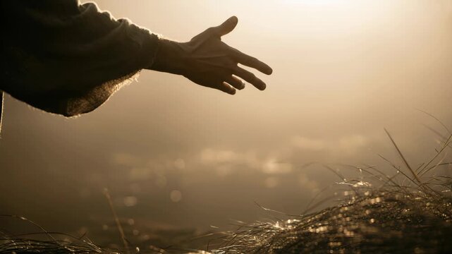A hand extends towards the grass in a quiet setting. The light of morning shines softly. The image captures a moment of connection and reflection with the natural world.