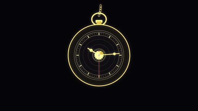 animation golden pocket watch face ticking showing time, vintage, retro, elegant, mechanical, classic timepiece