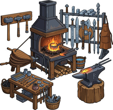 Blacksmith forge setup with glowing anvil tools craft illustration