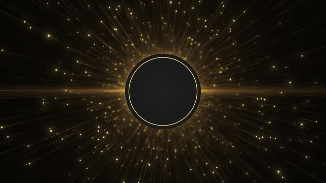 Dark round frame radiant gold streaks sparkles, dramatic depth energy. Cinematic abstract luxury advertising, celebration videos, corporate openers, fashion promotions, event graphics, title sequences