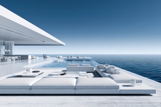 Contemporary white luxury villa terrace with infinity pool, ocean horizon, streamlined lounge furniture, and open architectural design in a coastal residential setting