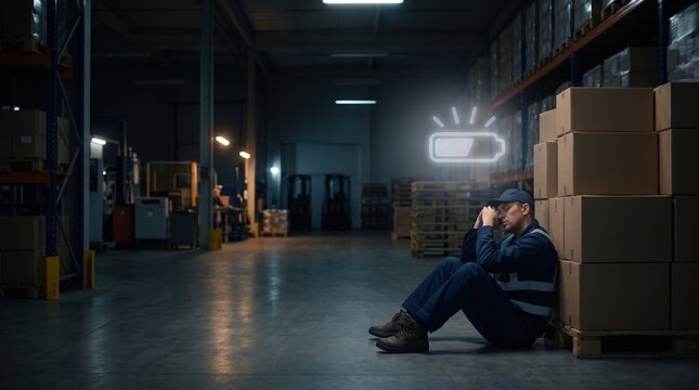 an exhausted warehouse worker sitting and resting tiredly by stacked cardboard boxes with low battery icon.